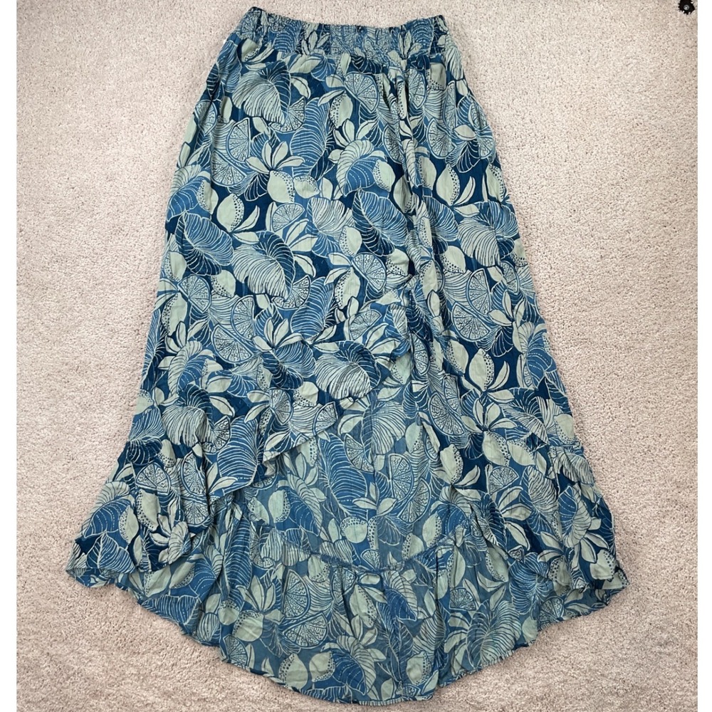 Angie Womens Blue Tropical Leaf Print Smocked High Low Ruffle Maxi Skirt Large
